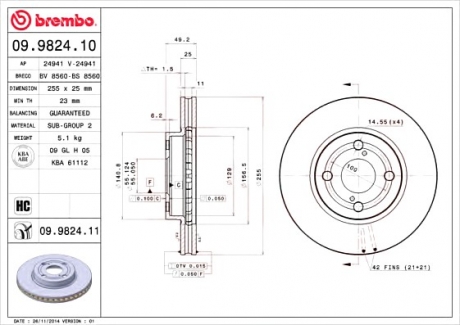 Тормозной диск вентилируемый BREMBO 09.9824.10 (фото 1)