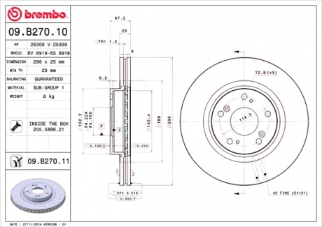 Тормозной диск вентилируемый BREMBO 09.B270.10 (фото 1)