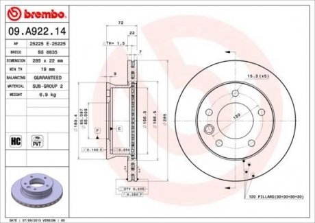 Гальмівний диск BREMBO 09.A922.14 (фото 1)