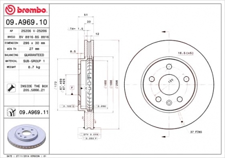 Гальмівний диск BREMBO 09.A969.10 (фото 1)