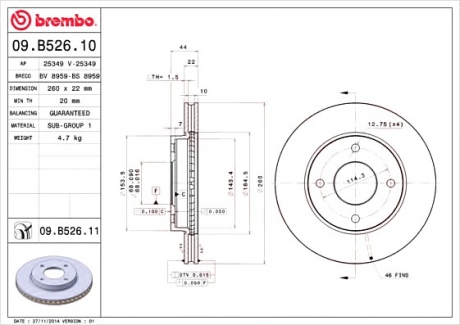 ПЕРЕДНИЕ ТОРМОЗНЫЕ ДИСКИ NISSAN TIIDA ARAB АРАБКА 40206-EE320 BREMBO 09.B526.11 (фото 1)