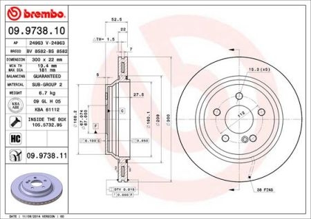 Тормозной диск вентилируемый BREMBO 09.9738.11 (фото 1)