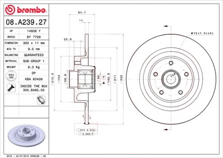 Тормозной диск BREMBO 08.A239.27 (фото 1)