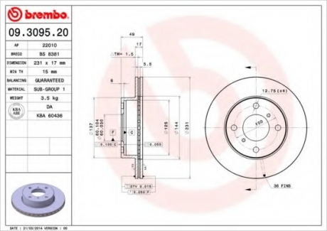 Тормозной диск BREMBO 09.3095.20 (фото 1)