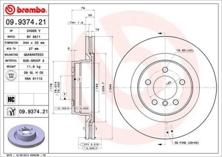 Гальмівний диск BREMBO 09.9374.21 (фото 1)