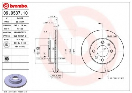 Тормозной диск BREMBO 09.9537.10 (фото 1)