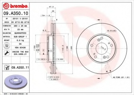 Тормозной диск BREMBO 09.A350.10 (фото 1)