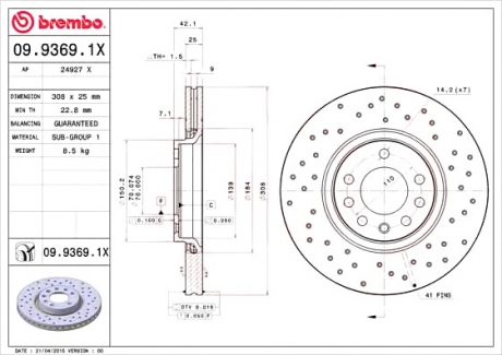 Гальмівний диск BREMBO 09.9369.1X (фото 1)