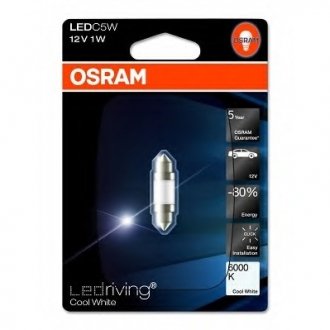 Лампа светодиодная LED cool white 6000K 1шт (1W 12V SV8,5-8) OSRAM 6498CW-01B (фото 1)