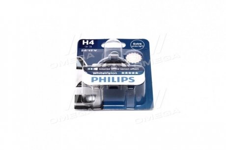Лампа накаливания H4 WhiteVision 12V, 60/55W, P43t-38, (+60) (4300K) 1шт. blister PHILIPS 12342WHVB1 (фото 1)
