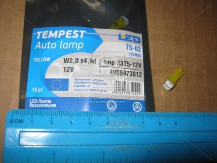 Лампа LED б/ц панель приборов, подсветки кнопок Т5-02 (1SMD) W2,0 х4,6d желтая 12V <> TEMPEST Tmp-33T5-12V (фото 1)