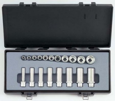 Набор головок 1/4"-3/4" 3/8" 6-гранных (L63мм-5/16", 3/8", 7/16",1/2",9/16") 19пр в кейсе FORCE 3193 (фото 1)