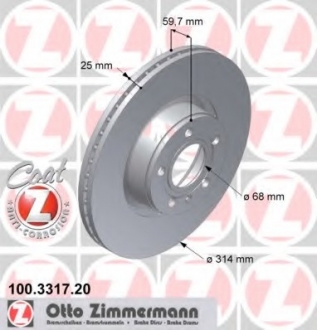 Диск гальмiвний перед Audi A6 2.0/2.7 Tdi Avant 04 ZIMMERMANN 100331720 (фото 1)