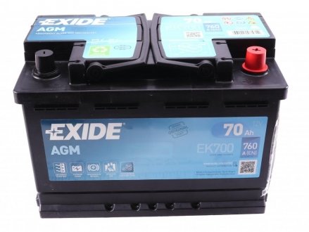 Акумулятор AGM - 70Ah| EN 760 | 278x175x190 (ДхШхВ) EXIDE EK700 (фото 1)