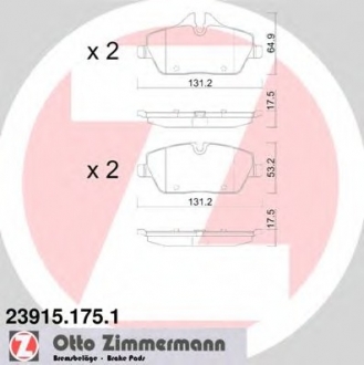Комплект тормозных колодок, дисковый тормоз ZIMMERMANN 23915.175.1 (фото 1)