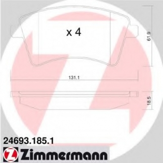 Колодки гальмівні дискові, к-кт ZIMMERMANN 24693.185.1 (фото 1)