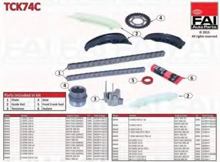 К-кт ланцюга ГРМ (верх і низ) BMW 1(E81,E87)/3(E46/E90)/5(E60,E61)/7(E65,E66)/X3(E83)/X5(E53) 1.8D/2.0D/3.0D 04- (2ланцюга+2 шестерні+натяжник+2 лижі+герметик+ сальник) Fischer Automotive One (FA1) TCK74C (фото 1)