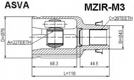 ШРУС ВНУТРЕННИЙ ПРАВЫЙ 22x43x30 (MZIR-M3) ASVA MZIRM3 (фото 1)