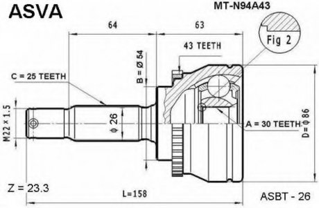 ШРУС Зовнішній 30x54x25 (MT-N94A43) ASVA MTN94A43 (фото 1)