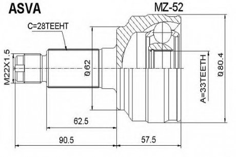 ШРУС зовнішній 33x62x28 ASVA MZ52 (фото 1)