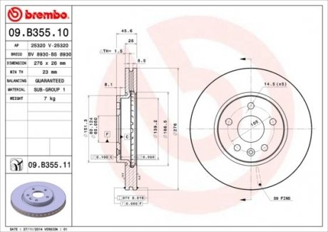 Гальмівний диск 09.B355.11 BREMBO 09B35511 (фото 1)