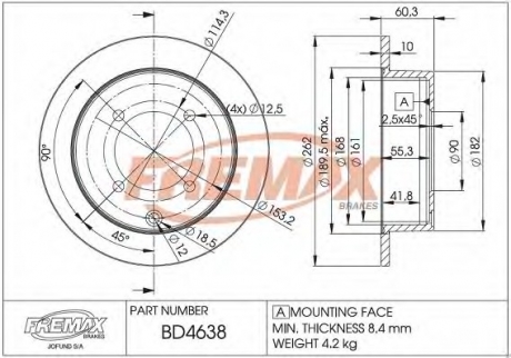 Тормозной диск задний - BD-4638 (зам.MB668083) Lancer IX 1.6 FREMAX BD4638 (фото 1)