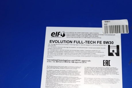 Масло моторное Evolution FullTech FE 5W30 / 208л. / (ACEA C4, RENAULT RN 0720) ELF 194811 (фото 1)