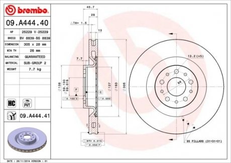 Тормозной диск вентилируемый BREMBO 09.A444.41 (фото 1)