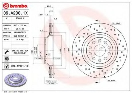 Гальмівний диск BREMBO 09.A200.1X (фото 1)