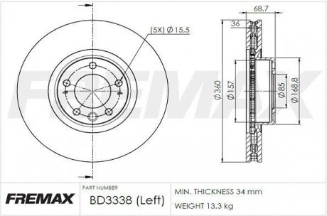 Диск тормозной передний левый BD-3338 FREMAX BD3338 (фото 1)