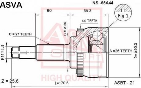 ШРУС Зовнішній 25X56X27 (NISSAN PRIMERA P11 1996-2001) ASVA NS-65A44 (фото 1)